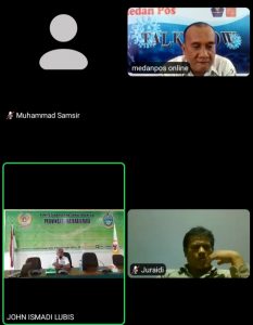 meeting KONI Medan Ketua Koni Sumut, John Ismadi Lubis Memberikan penjelasan seputar disiplin Prokes disela talk Show yang dipandu Baringin Pulungan, Selasa (15/12/2020).