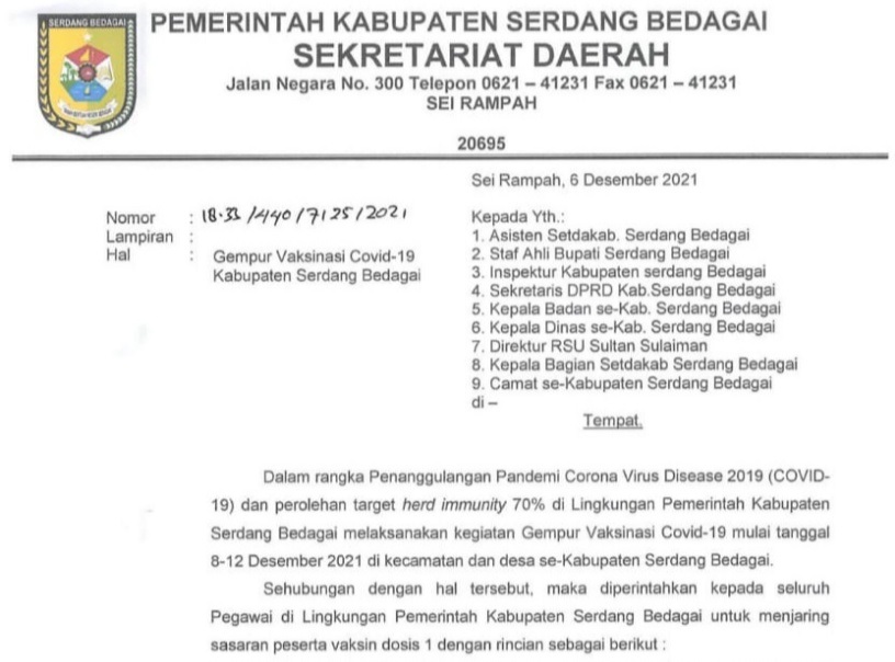 Dukung Program Nasional Gempur Vaksinasi, Sergai Terbitkan Surat Untuk ASN Sukseskan Kegiatan Vaksinasi