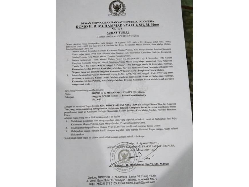 Masyarakat Sari Rejo Mulai Resah Beredarnya Surat Tugas Yang Diterbitkan Anggota DPR RI Romo M Syafi'i