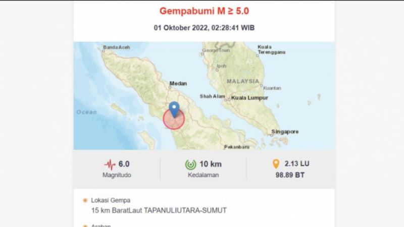 Gempa Tektonik M6,0 di Tapanuli Utara, Tidak Berpotensi Tsunami