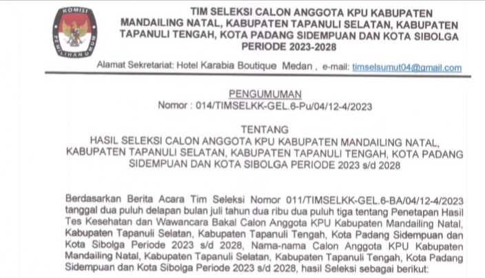 Berikut Nama 10 Besar Calon Anggota KPU Tapteng dan Kota Sibolga