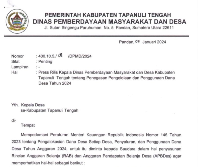 Kadis PMD Minta Kades Se Tapanuli Tengah Netral Tidak Berpolitik Praktis