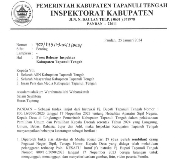 Ini Isi Surat Inspektur Pemkab Tapteng ke 29 Orang Diduga Lakukan Pelanggaran