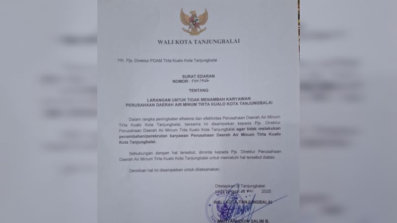 Pemko Tanjungbalai Keluarkan SE Larangan Penambahan Karyawan di PDAM Tirta Kualo, Fokus Pembenahan Internal