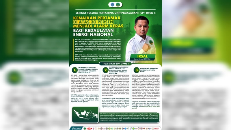 Serikat Pekerja Pertamina Unit Pemasaran I (SPP UPMS I) memandang kenaikan harga Pertamax yang dalam periode tertentu telah mencapai lebih dari 30 persen sebagai pengingat penting bahwa sektor energi nasional masih menghadapi berbagai tantangan yang memerlukan perhatian serius dan langkah perbaikan yang berkelanjutan.