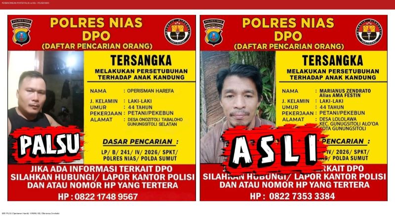 Polres Nias Tegaskan e-Poster DPO atas Nama Operisman Harefa Adalah Palsu, Akun Resmi Jadi Satu- satunya Sumber Sah